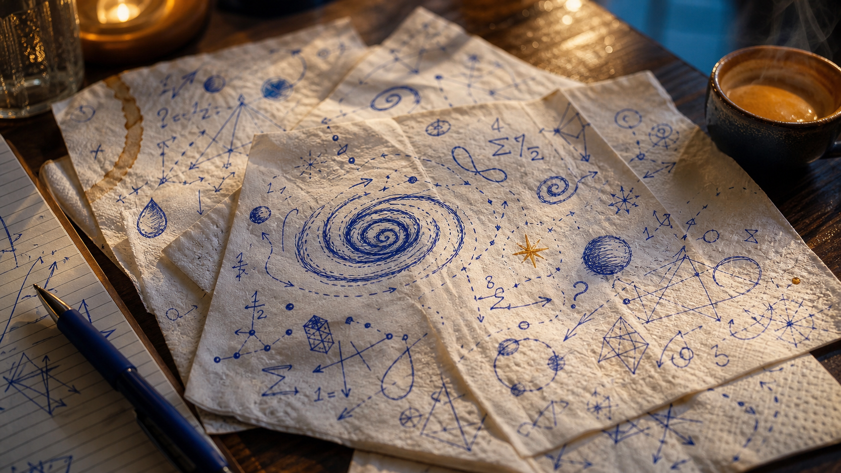 Crumpled café napkins crowded with cobalt equation and emoji doodles, coffee traces, and provisional connections