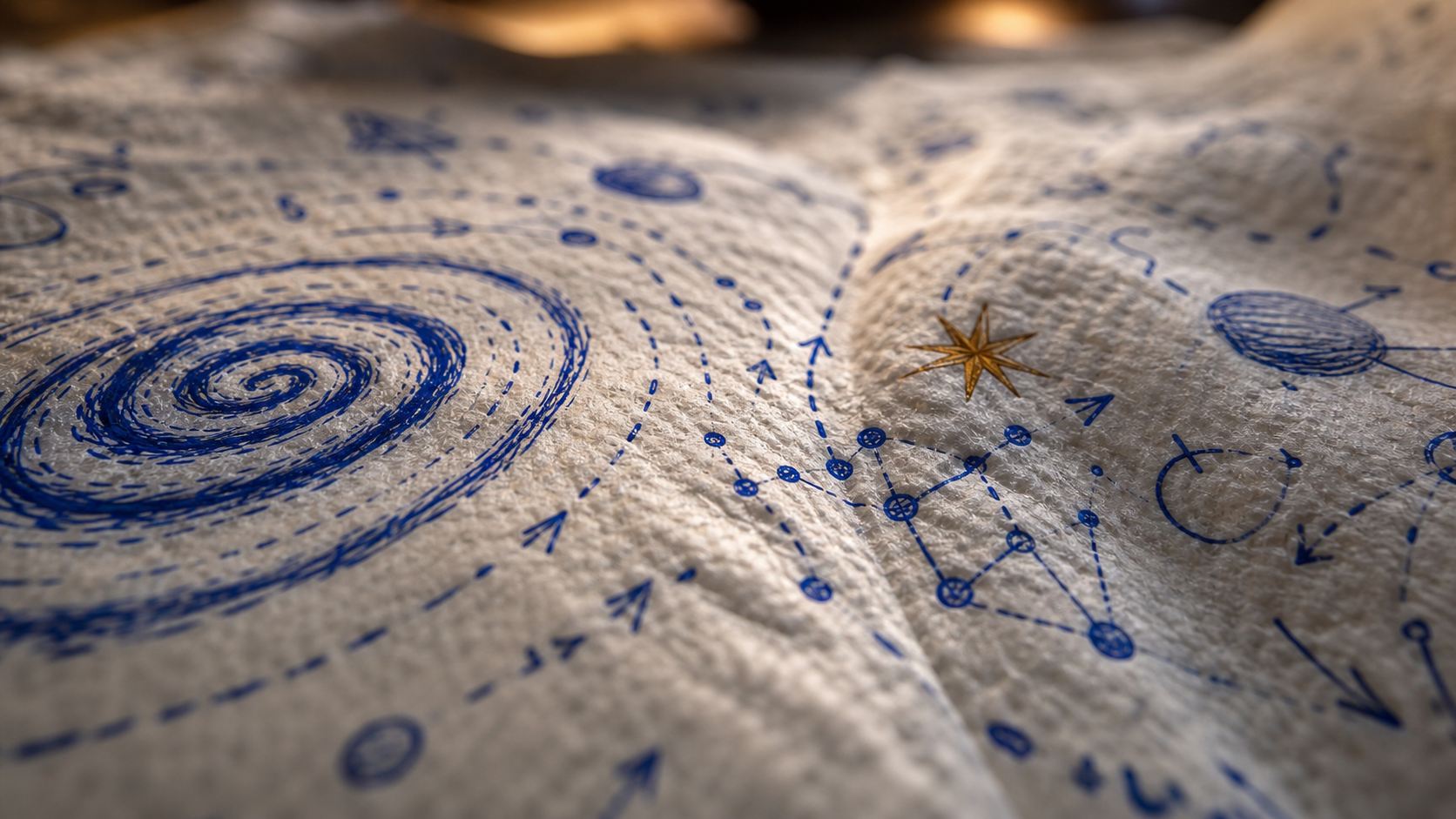 A cobalt napkin doodle becoming a navigable bridge through a deepening crease