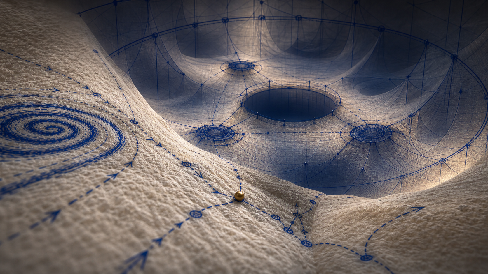 A cobalt relational path entering a dark nested space before any physical object has been assigned to it