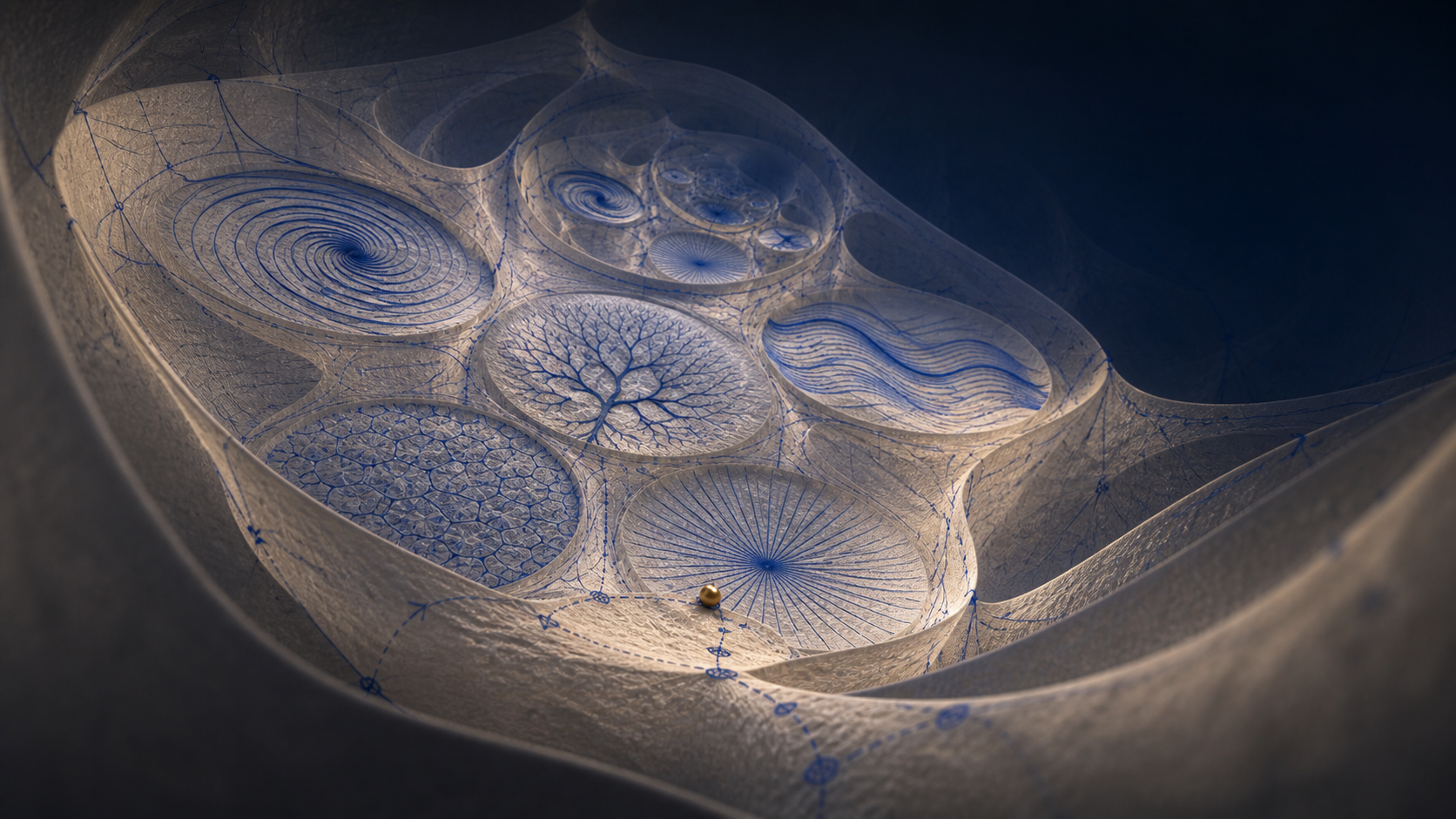 A luminous cobalt route descending through nested relational layers toward four answerability obligations